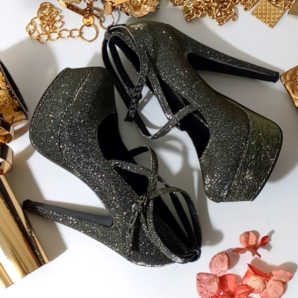 "OFFICE London" Shimmery Crisscross Strappy Round Toe Party Festive Heels